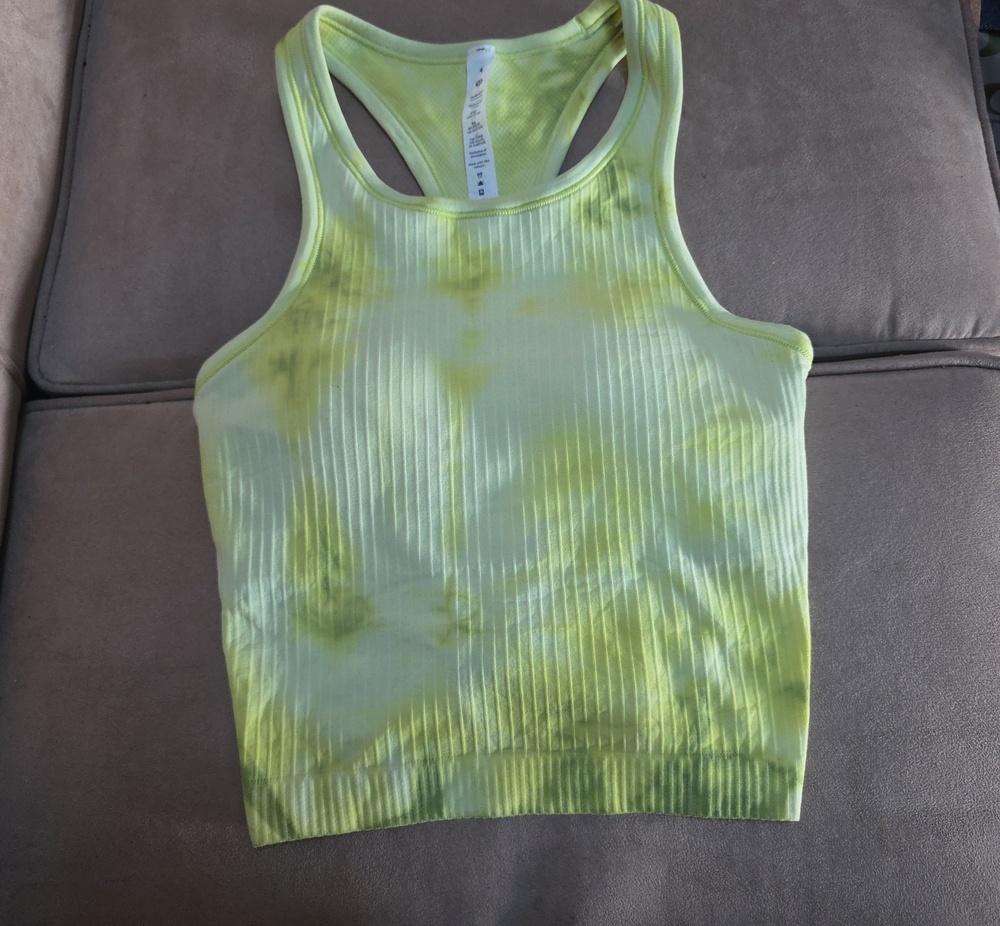 lululemon athletica Lime/yellow Tie-Dye Ribbed Racerback Crop Tank Built In Bra